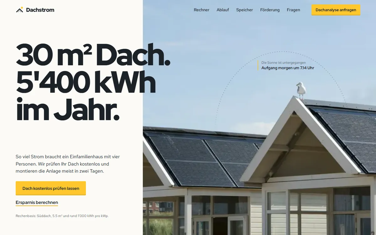Landingpage von Dachstrom: grosse Kennzahlen neben einem Dach mit Solarmodulen